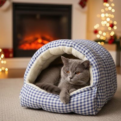 Lit pour chat en vichy bleu dans joli salon avec chat dedans