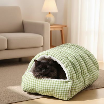 Lit pour chat en vichy vert dans joli salon avec chat dormant dedans