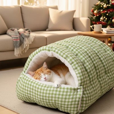 Lit pour chat en vichy vert dans joli salon avec chat endormi dedans