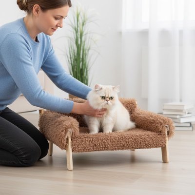 Lit pour Chat marron en forme de petit canapé avec un chat dessus et femme le caressant