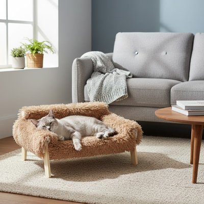 Lit pour Chat marron en forme de petit canapé avec un chat dessus