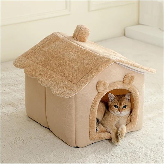 maison chat beige avec petites oreilles decoratives avec chat dedans