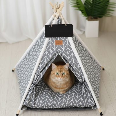 Maison chat forme de tipi avec chat couche dedans