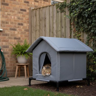 Maison exterieur pour chat avec chat couche dedans 