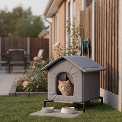 Maison exterieur pour chat dans joli jardin avec chat dedans