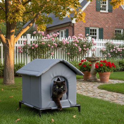 Maison exterieur pour chat dans tres joli jardin avec un chat noir dedans