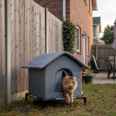 Maison exterieur pour chat  dans un jardin avec un chat en sortant