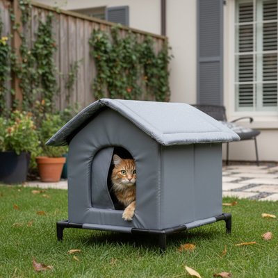 Maison exterieur pour chat dehors avec un chat roux cache dedans