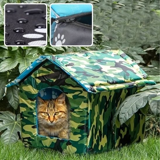 maison exterieur pour chat verte kaki camouflage avec chat dedans