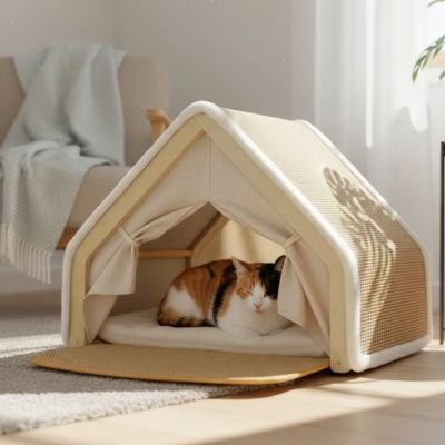 Maison pour chat beige avec chat a l'interieur