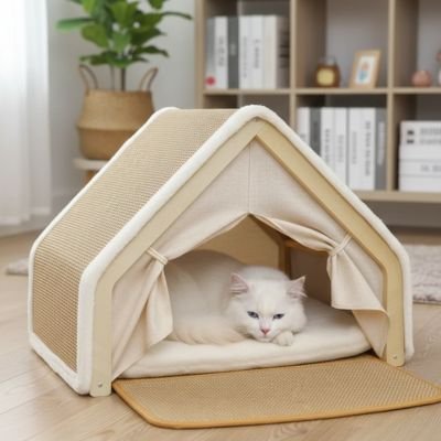 Maison pour chat beige avec chat dedans