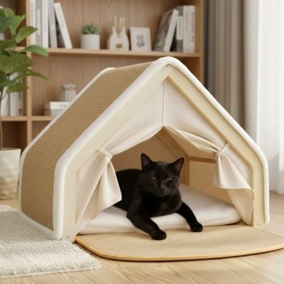 Maison pour chat beige avec chat noir dedans