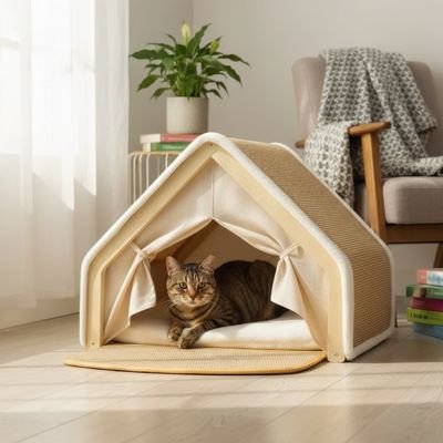 Maison pour chat beige chat dedans dans joli salon
