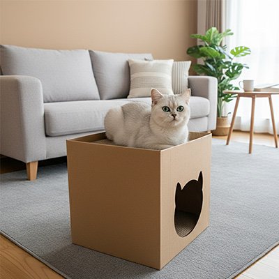 Maison pour chat en carton animal couche dessus
