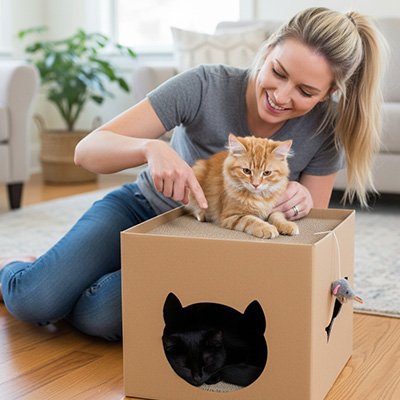 Maison pour chat en carton avec une femme et un chat