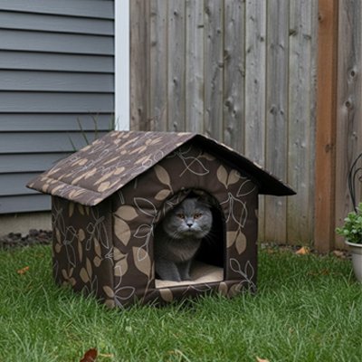 Maison pour chat extérieur dans jardin avec animal dedans
