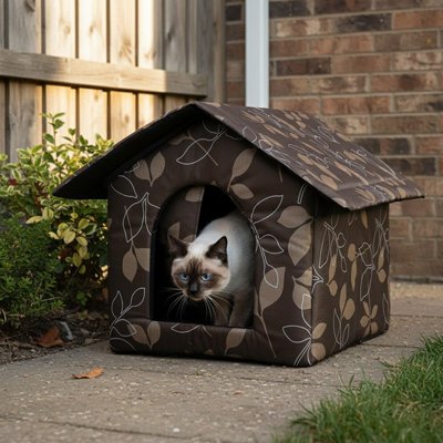 Maison pour chat extérieur dans jardin avec chat sortant