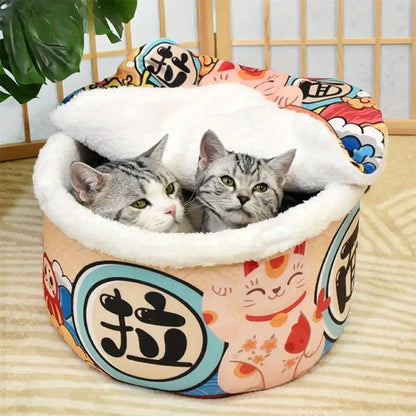 Maison pour chat forme de bol nouilles chinoises deux chats dedans