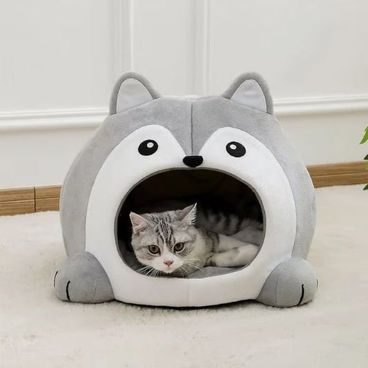 Maison pour chat forme de husky gris et blanc avec chat dedans