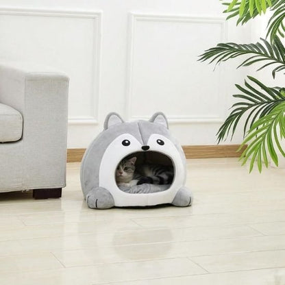 Maison pour chat forme de husky gris et blanc avec chat cache dedans