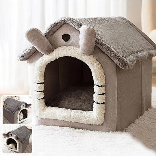 maison pour chat ludique grise oreilles de lapin dans joli salon