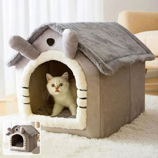 maison pour chat ludique grise oreilles de lapin et chat dedans