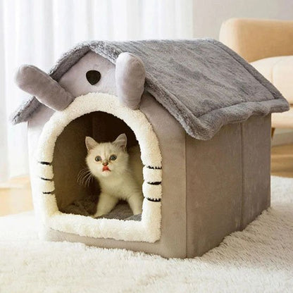 maison pour chat ludique grise oreilles de lapin et chat a l'interieur