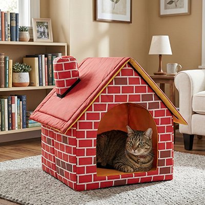 Maison pour chat motif brique rouge avec chemine decorative chat couche dedans