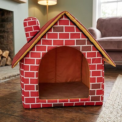 Maison pour chat motif brique rouge avec chemine decorative