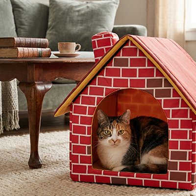 Maison pour chat motif brique rouge avec chemine decorative chat  dedans