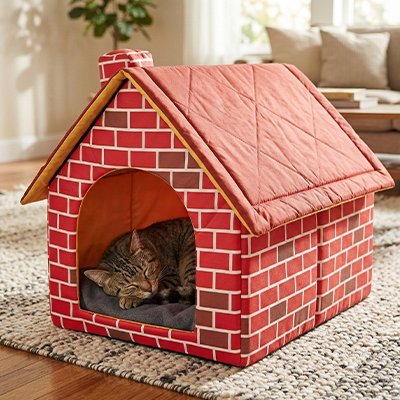 Maison pour chat motif brique rouge avec chemine decorative chat dormant dedans
