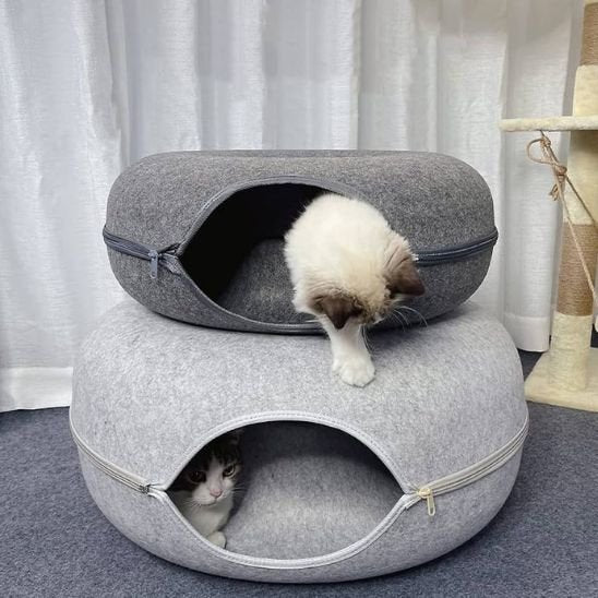 maison pour chats forme de donut gris deux poses un sur autre avec deux chats caches
