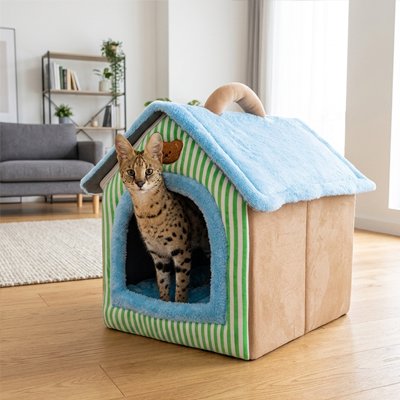 Maison pour les chats en forme de petite maison chat dedans