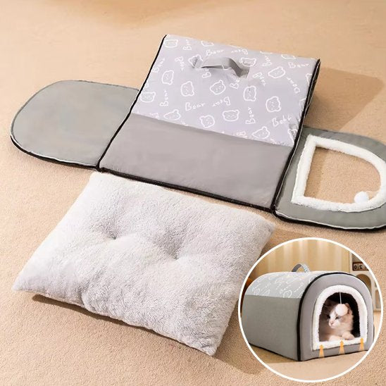 maison pour les chats grise completement depliee avec bulle de demo