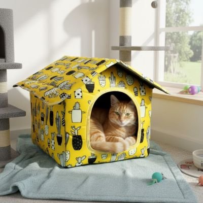 Maison pour les chats jaune et motifs cactus noirs avec chat roux dedans