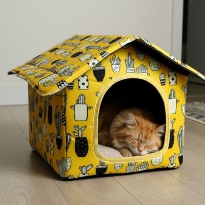 Maison pour les chats jaune et motifs cactus noirs avec chat dedans