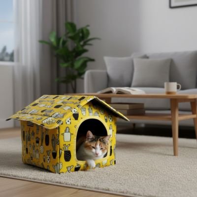 Maison pour les chats jaune et motifs cactus noirs avec chat dormant dedans