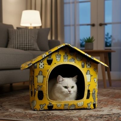 Maison pour les chats jaune et motifs cactus noirs avec chat blanc dedans