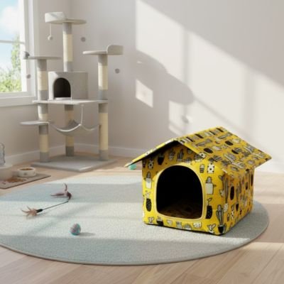 Maison pour les chats jaune et motifs cactus noirs