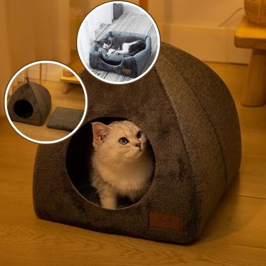 maisons pour chat forme igloo en textile gris coussin amovible avec chat dedans