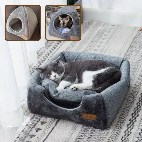 maisons pour chat forme igloo en textile gris deux en un version panier