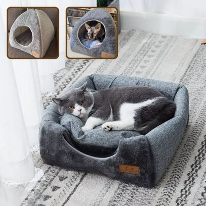 maisons pour chat forme igloo en textile gris deux en un version panier
