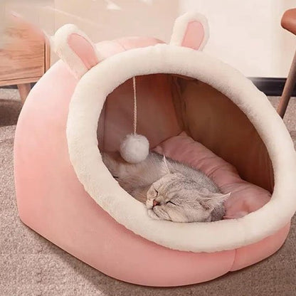 maisons pour chat rose avec oreilles de lapin jouet suspendu chat dormant dedans