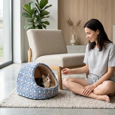 niche à chat avec un chat dedans et jeune femme jouant avec lui
