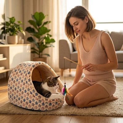 niche à chat avec un chat dedans et jeune femme jouant avec
