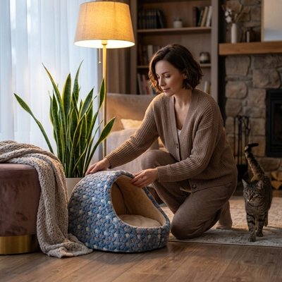 niche à chat avec un chat une femme a cote dans un salon