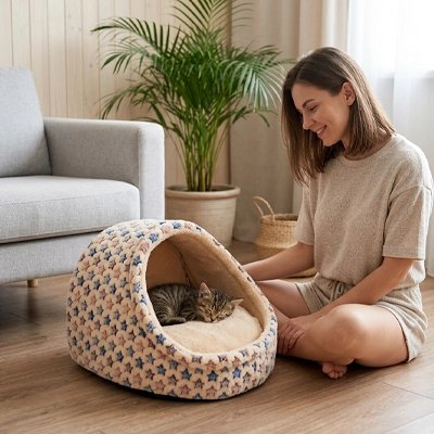 niche à chat avec un chaton dedans et jeune femme jouant avec lui