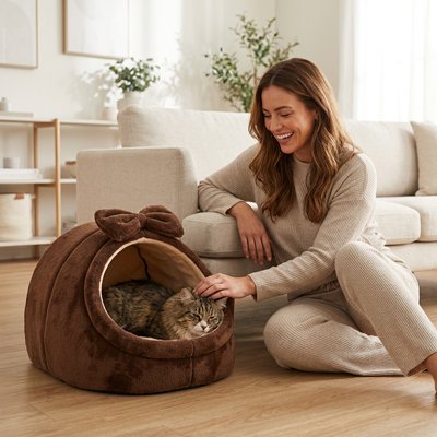 Niche à chat en forme de chausson marron avec un chat et une femme 