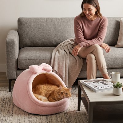 Niche à chat en forme de chausson rose  avec un chat et une femme 