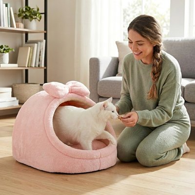 Niche à chat en forme de chausson rose  avec un chat blanc et une femme 